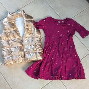 Old Navy Metallic Gold Puffer Vest & Magenta Star Print Dress Set Girls Size 8